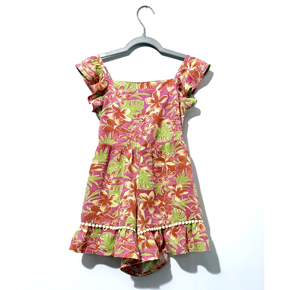 Tommy Bahama Romper Girls 5 Pink Green Yellow Floral Ruffle Leaves Sleeveless
